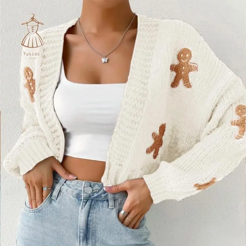 Women's cute autumn and winter festive atmosphere gingerbread man pattern knitted cardigan, warm and fashionable Fit Knitwear