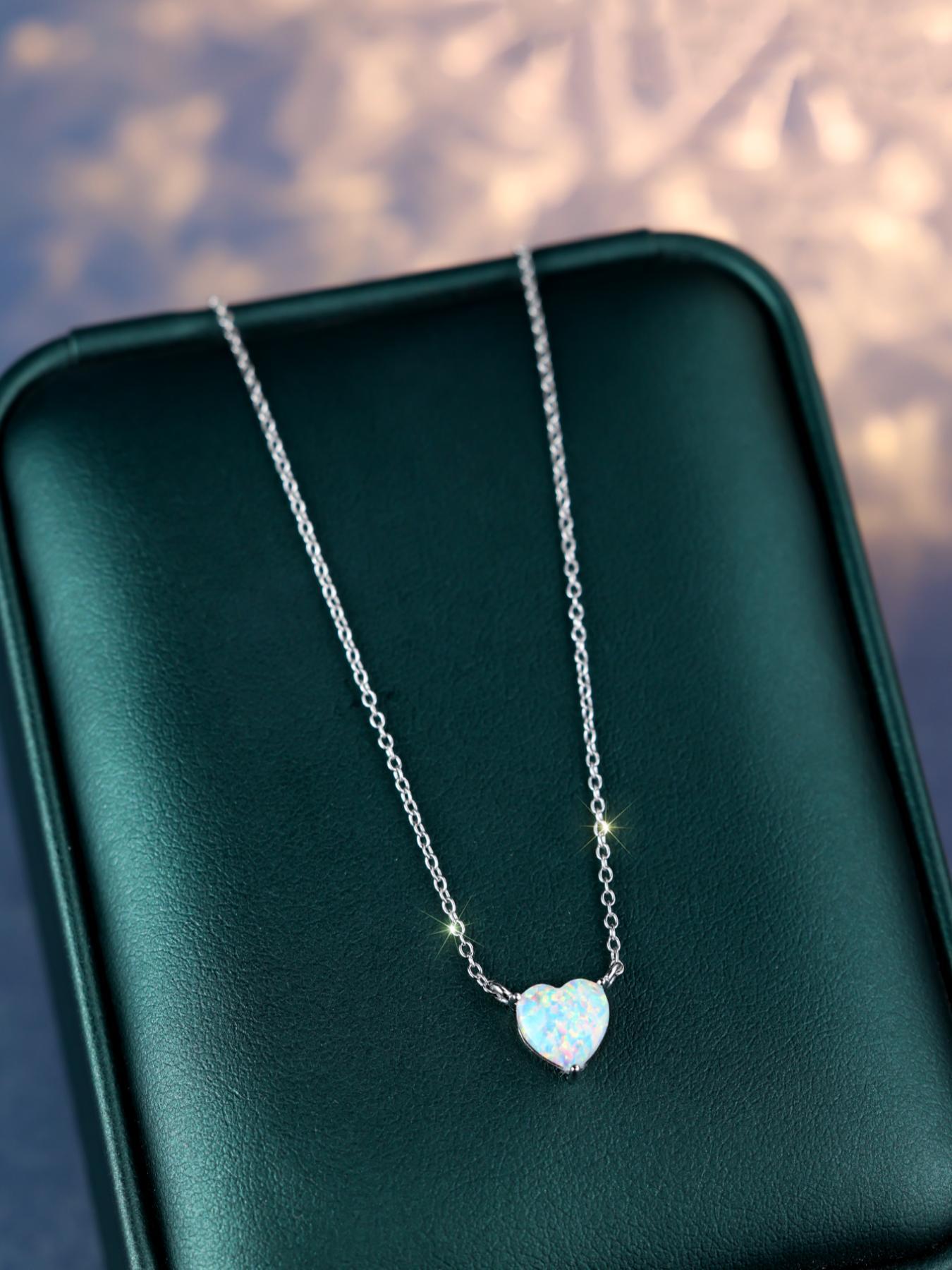 S925 Sterling Silver Heart Shaped Faux Opal Pendant Love Heart Necklace with Box, Fashion Jewelry for Party, Daily Decor, Trendy All-match & Exquisite Jewelry for Birthday Gift