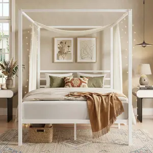 Full Queen Size 4-Post Metal Canopy Platform Bed Frame, Sturdy Metal Slats Support Mattress Foundation, Noise Free Bed Frame No Box Spring Needed, Easy Assembly Bedroom Furniture for Home Room Decor