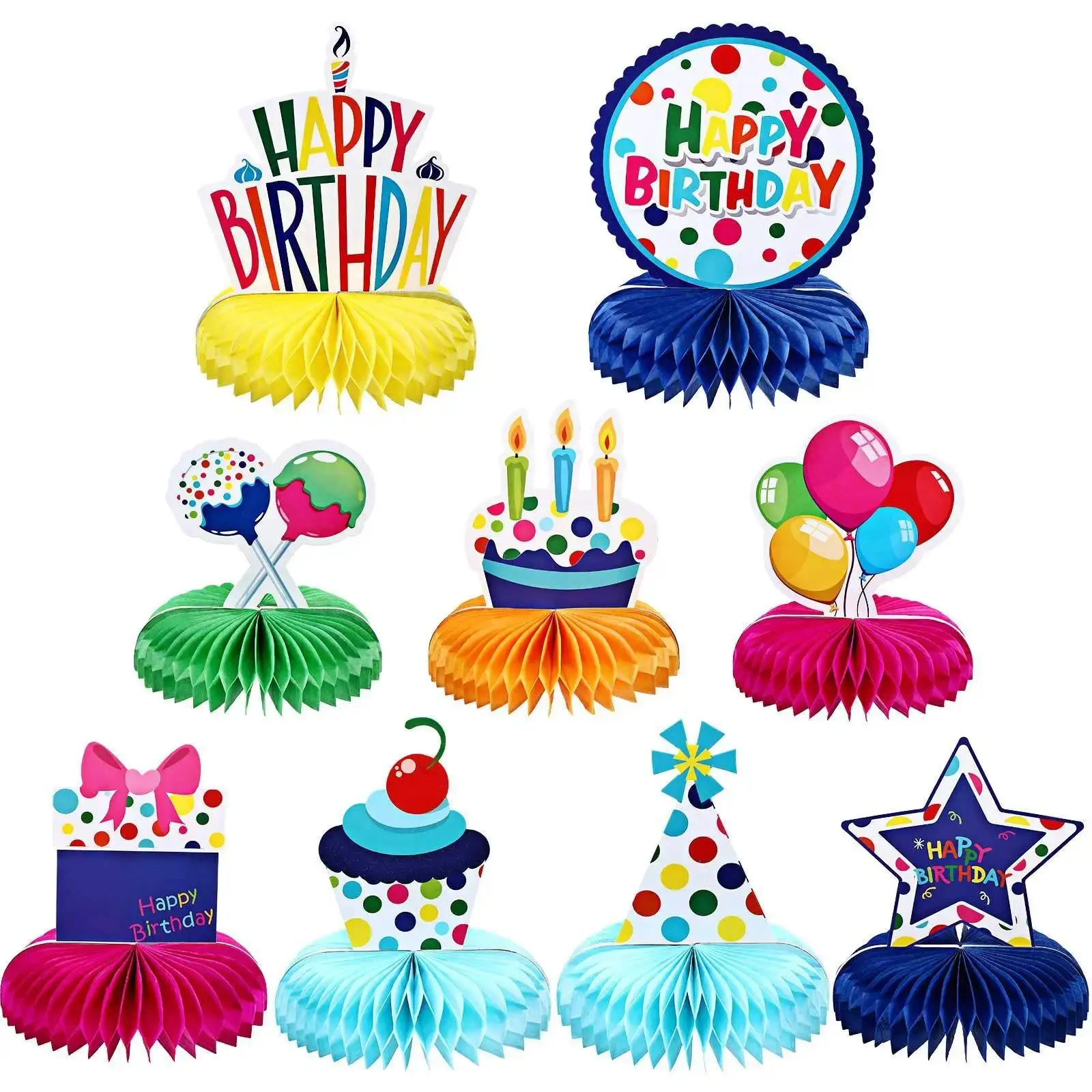 9 Pieces Colorful Happy Birthday Decorations Rainbow Honeycomb Balls Centerpieces Table Topper Pom Poms for Kids Birthday Party