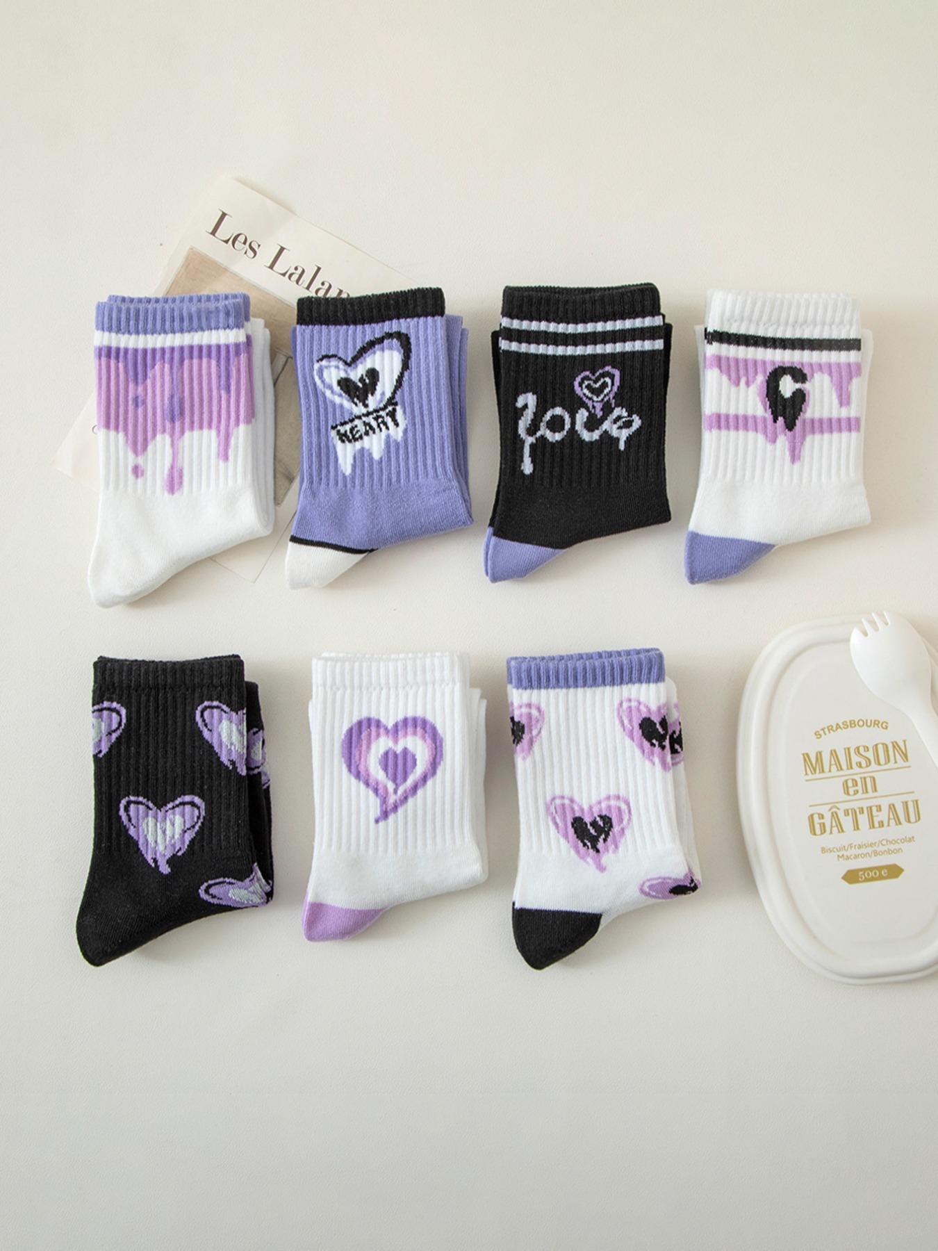 Women's 7 Pairs Heart & Letter Print Crew Socks, Casual Stylish Socks, Soft Comfy Socks, Preppy Casual Soft Comfortable Breathable Striped Print Mid-calf Socks for Daily Wear, Multipack Knit Socks for All Seasons, Sock Set