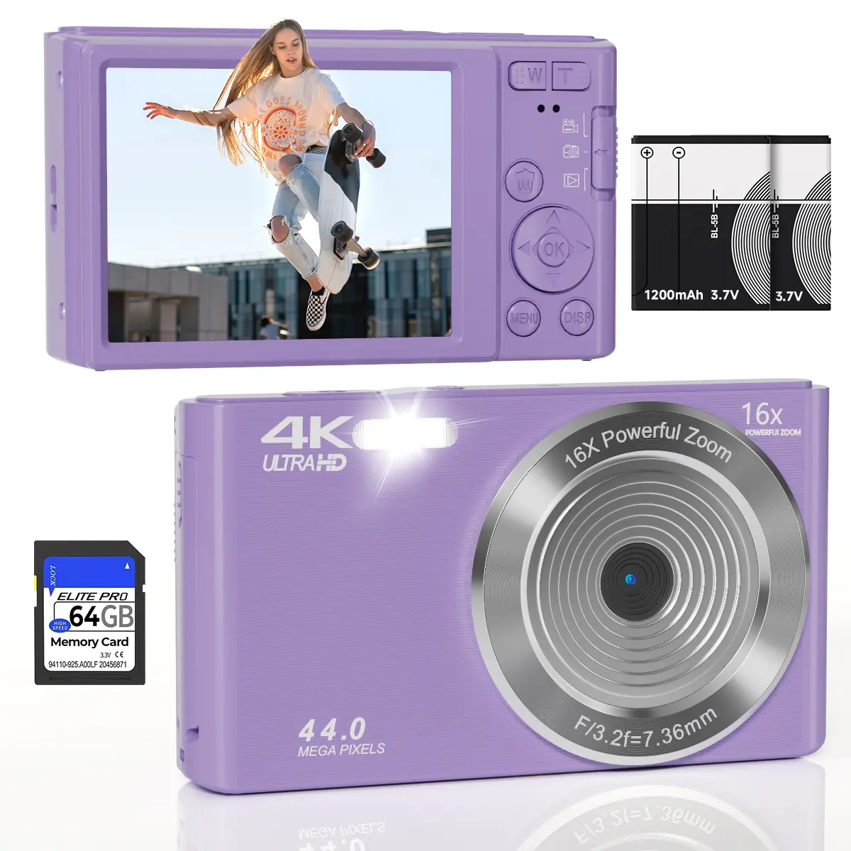4K Digital Camera for Vlogging, Y2K Lavender Purple Compact Digicam with 44MP & 16X Digital Zoom, PC Webcam, Starter Kit (64GB Card & 2 Batteries)