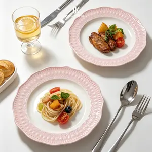 French Vintage Pink Ceramic Dinner Plates, 10.5 Inch Dinner Plate & 8 Inch Salad Plate, Coquette Cottagecore Aesthetic Embossed Porcelain Tableware