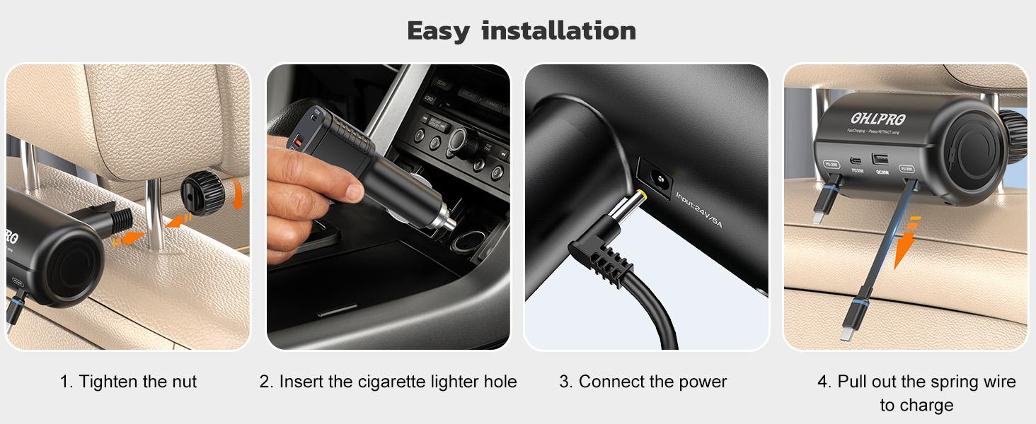 OHLPRO Car Back Seat Charger with Retractable Cables, Headrest Mount Phone Tablet Charger with USB-C PD30W & iOS PD20W Wires, 4-Port Adapter for Uber Taxi Rideshare, with Cigarette Lighter Plug