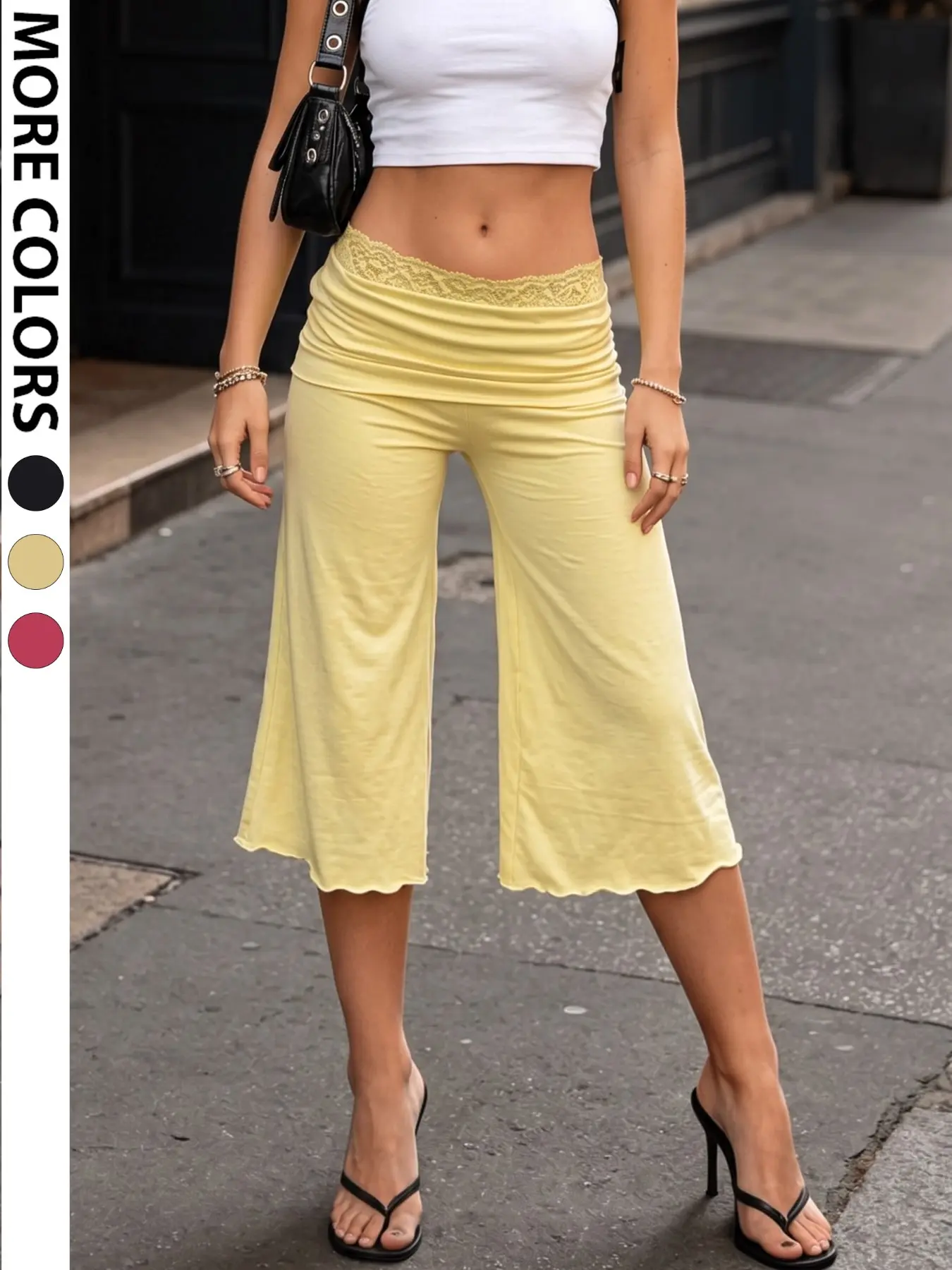Lace High Waist Ruched Ruffle Hem Capri Flare Pants, Soft Stretchy Slim Cropped Wide Leg Trousers, Classy Chic Loungewear Set Autumn Outfits Women Women Clothes, Breathable Lightweight Y2K Casual Bottoms With Multiple Color Options