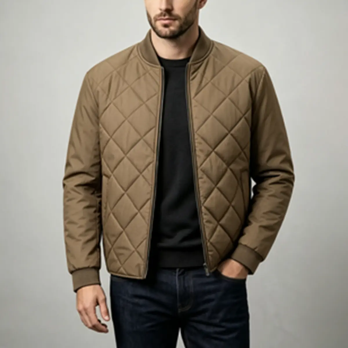 Men's Khaki Stand-Collar Zip-Up Polyester Workwear Jacket - American Vintage Multi-Pocket Fitted-Cut Bomber Coat, Autumn Winter Solid Casual Commuter Outerwear, Polyester Clothes