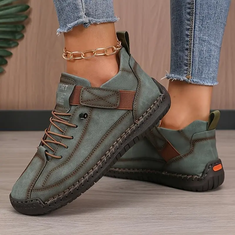 Women's Vintage-Inspired Casual Ankle Boots - Breathable British Style Sneakers with Rubber Sole, Lace-Up Mid-Top Walking Flats in Solid Colors (Beige, Black, Blue, Green, Brown, Red) for All Seasons, Everyday Sneakers | Vintageinspired Boo