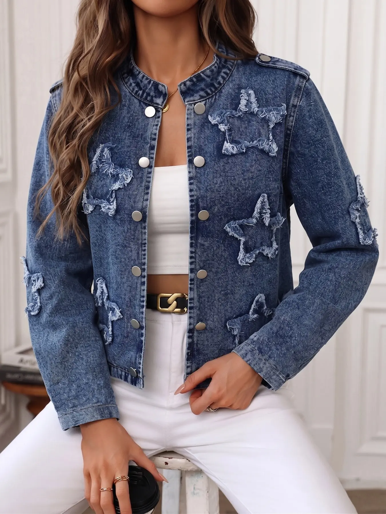 Women's Star Patchwork Jean Jacket, Stand Collar Long Sleeve Button Front Washed Short Denim Coat, Fashionable Outerwear for Daily Wear