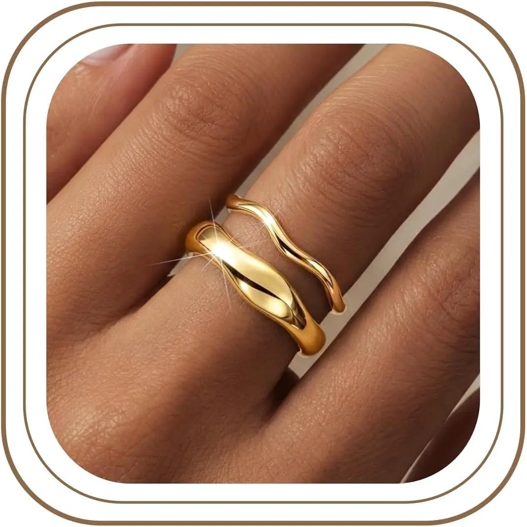 Gold Rings for Women Men, Non Tarnish Waterproof Chunky 14K Gold Plated Stackable Rings, Trendy Statement Pinky Thumb Rings, Engagement Eternity Wedding Band, Stacking Gold Jewelry Size 3-11