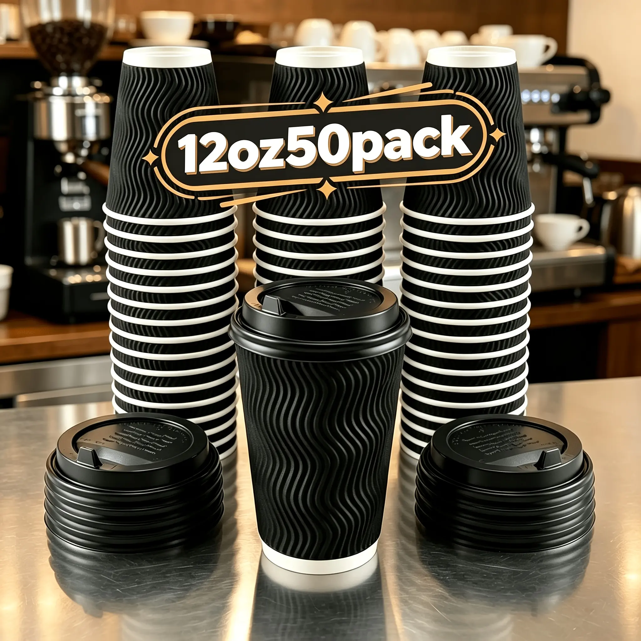 50 Pack 12oz Black Corrugated Wall Disposable Coffee Cups with 50 Lids Thickened Heat Resistant Leakproof Hot Drink Paper Cups Ideal For Office Daily Use And Coffee Shops