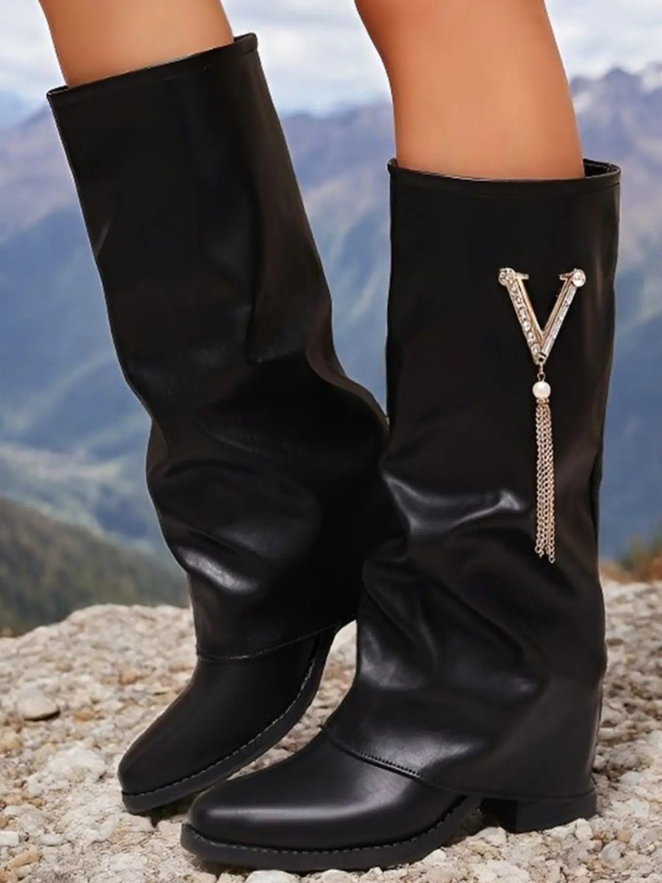 Women's Rhinestone Chain Pendant Knee-High Boots, Pointed Toe Low Heel Pleated Loose Calf Leather Fashion Knight Boots