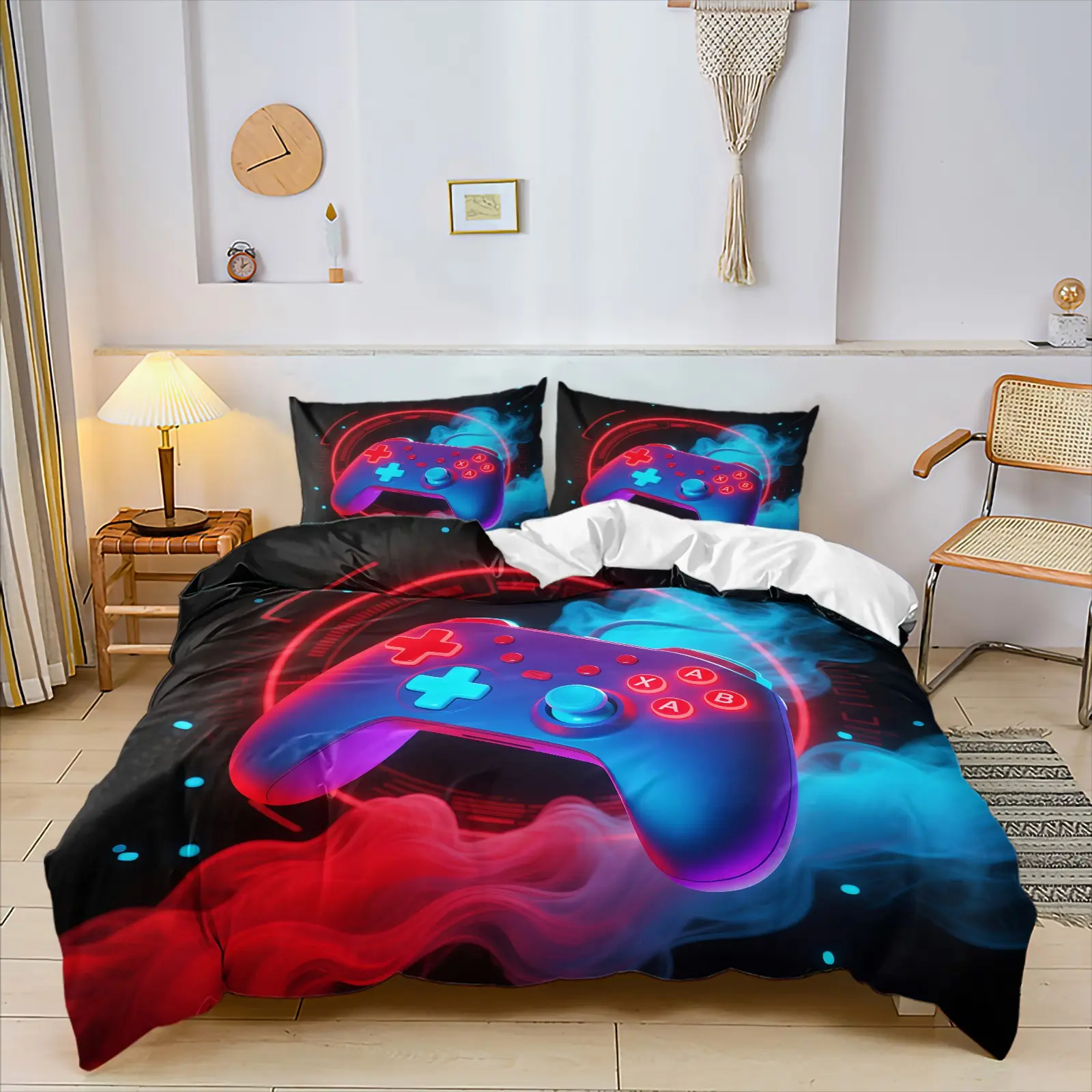 Red Blue Gradient Neon Smoke Game Controller Decorative Duvet Cover Set, Include 1 Quilt Cover and 1/2 Pillowcases, Black Background Tech Circular Border Gaming Themed Comforter Cover, Wrinkle Resistant Machine Washable Bedroom Decor Bedding
