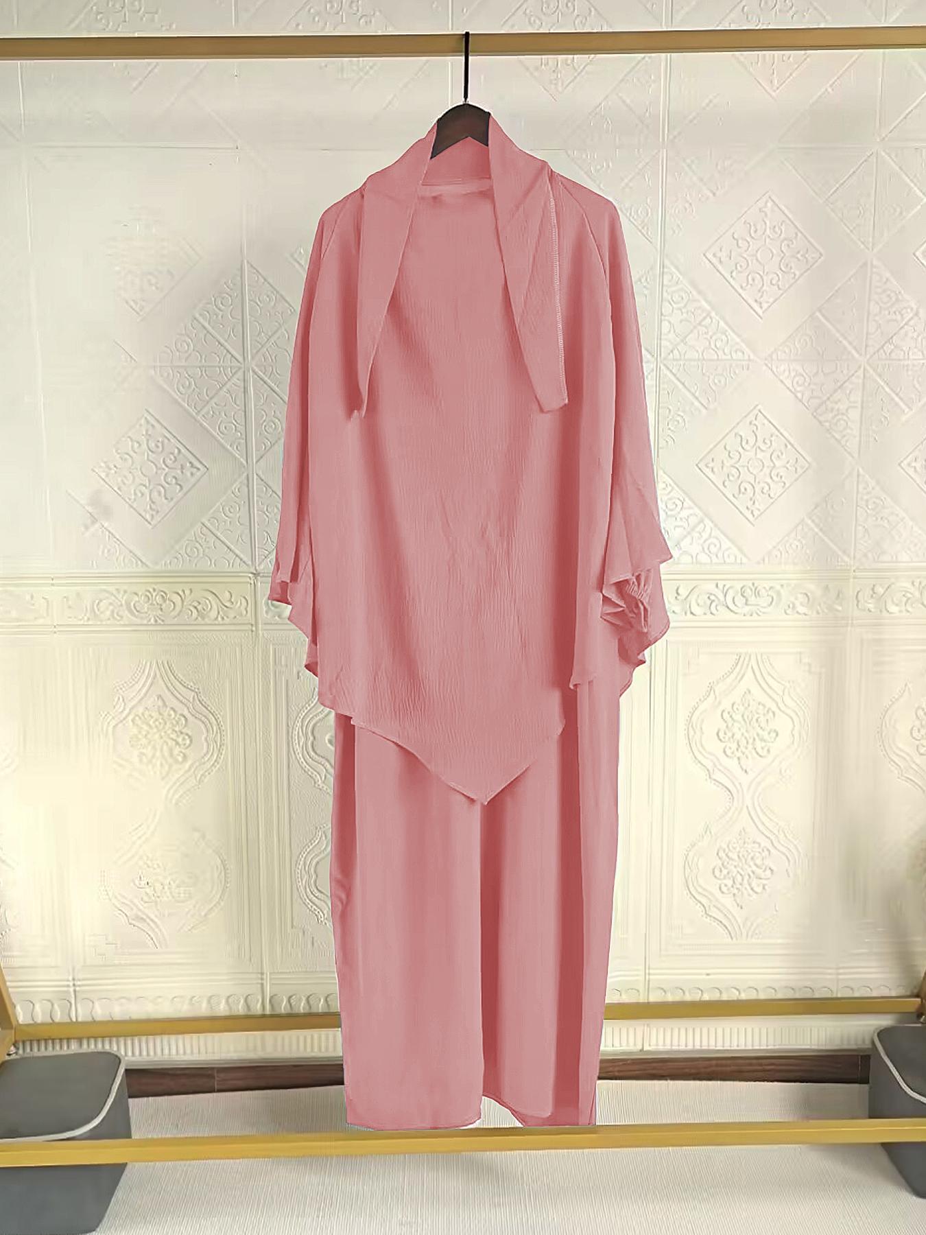 Women's Solid Long Sleeve Abaya & Hijab Set, Modest Fashionable Two-piece Outfits for Women, Women's Islamic Clothing for Daily Wear