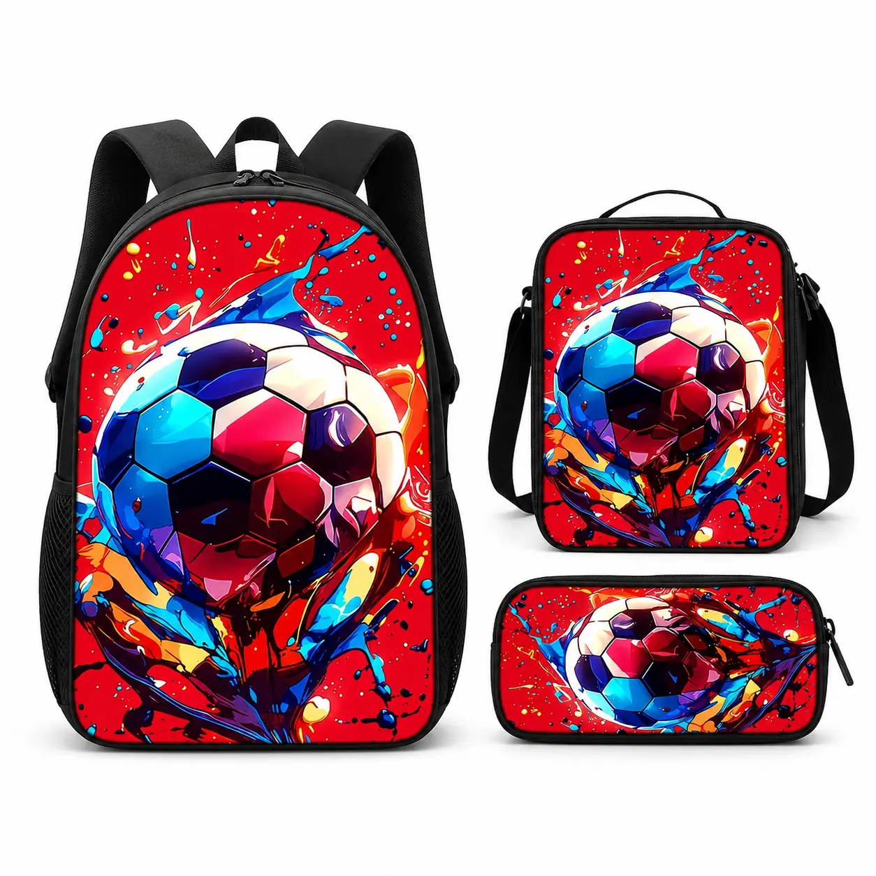 Colorful Soccer Ball 3-Piece Backpack Set, Football School Bookbag with Matching Lunch Bag and Pencil Case, Red Paint Splash Sports Backpack for Kids Teens, School Travel Practice Daypack Gift