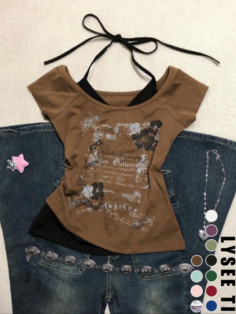 Women's 2 in 1 Floral & Letter Print  Halter Tee, Y2k Casual Top for Summer, Ladies Clothes for Daily Wear