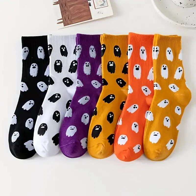 6-Pack Gender Neutral Mid-Calf Socks, Cute Cartoon Patterns in 6 Color Combinations for Halloween, Festive and Everyday Wear, Stylish and Comfortable Gift Choice