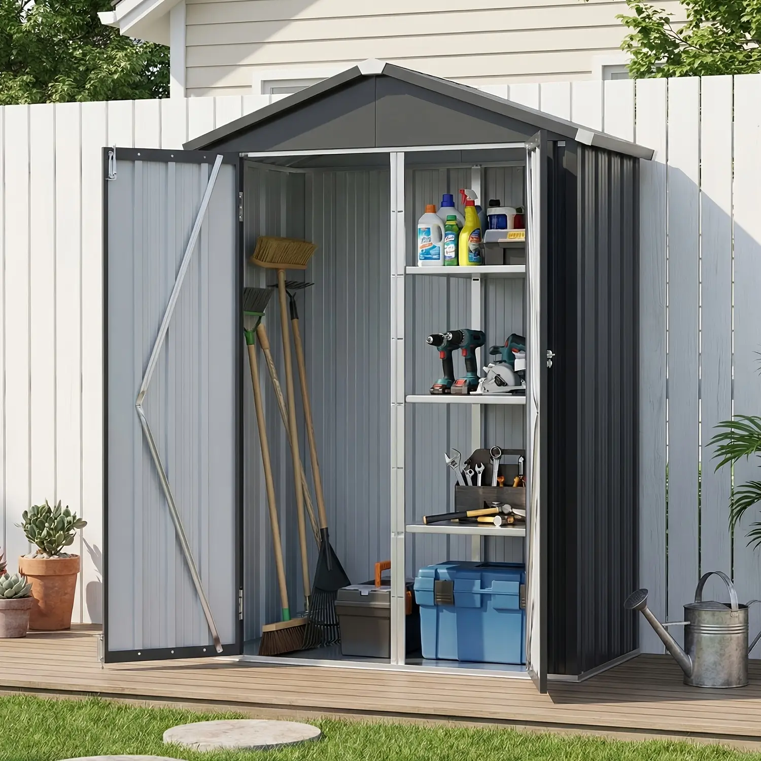 [Metal Tool Cabinet] UMORLYRAE Vertical Metal Tool Cabinet, Weatherproof Outdoor Storage Shed with Floor Base & Adjustable Shelves, A-Frame Roof Design, Space-Saving for Garden, Garage, Patio(2.5x2ft/3.5x2.2ft)