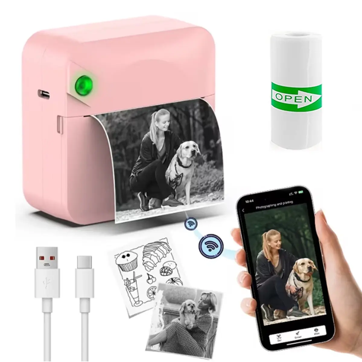 Wireless Mini Printer, Portable Thermal Inkless Label Printer, Includes 1 Roll Paper, Ideal for DIY Albums, Travel, Photos, Notes, Compatible with iOS and Android