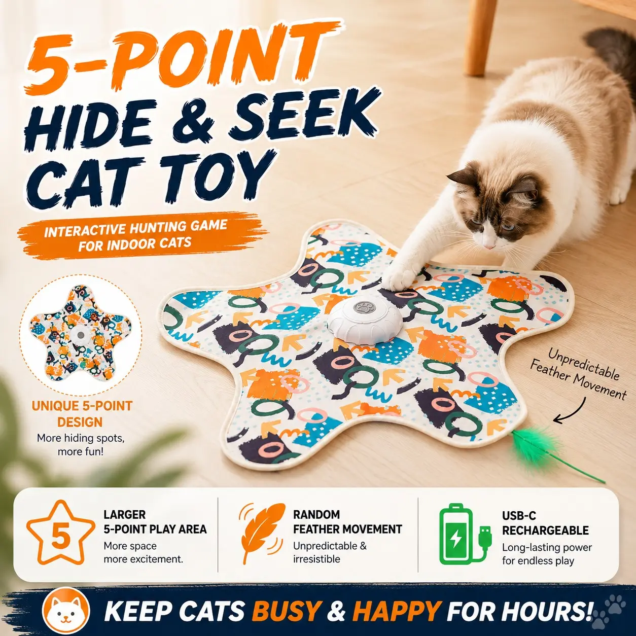 Automatic Hide & Seek Cat Toy, 5-Point Interactive Hunting Mat with Random Feather Movement, USB Rechargeable Self-Play Toy for Indoor Cats