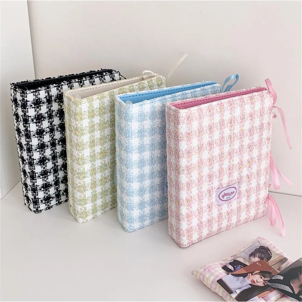 Korean Woolen Grid A5 Binder Photo Album with Cover, 10 Plastic Sleeves, Kpop Ribbon Accent – Photo Organizer for Photocards, Postcards Storage Book