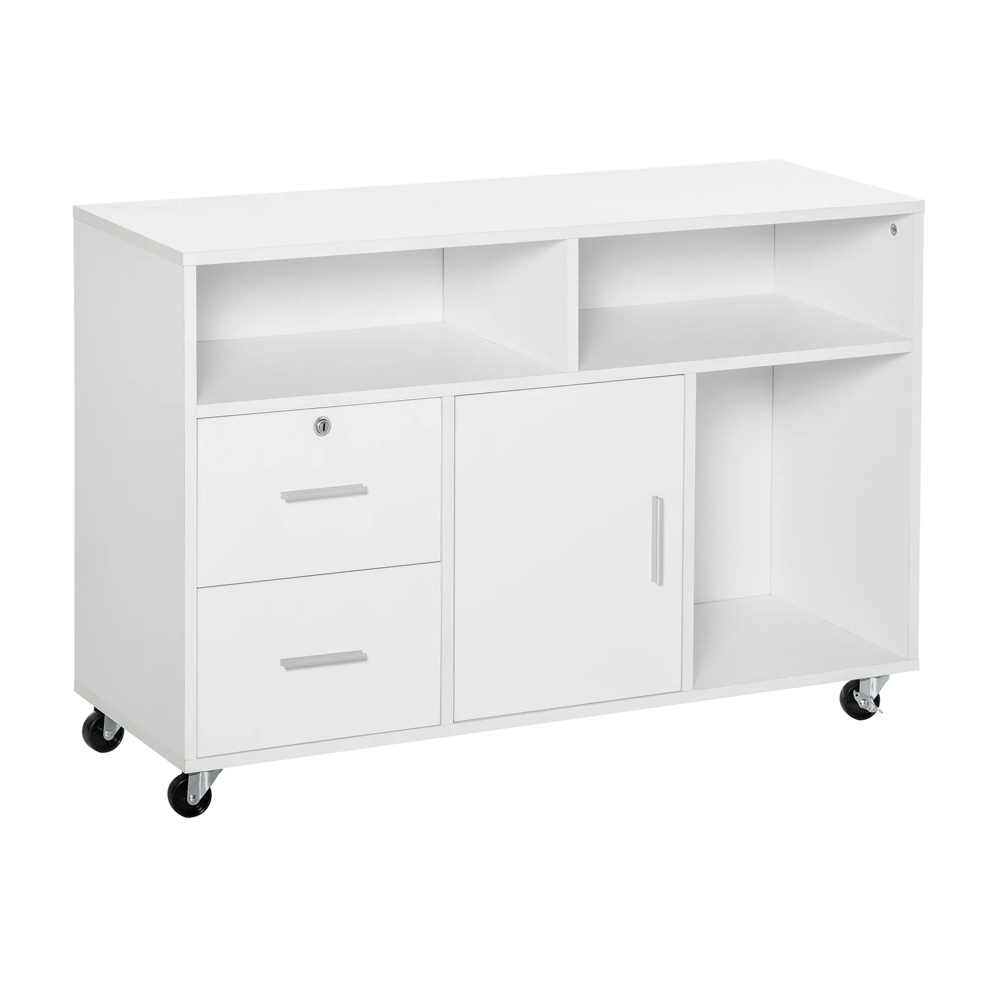 ARCH Mobile Printer Stand with Storage, White Particle Board Office Cabinet Organizer Desktop with Caster Wheels, 2 Locking Brakes, Locking Drawer, 3 Shelves, File Cabinet for Home Office, 39.3x13.8x25.5in, White Color Options, Particle Board Materia