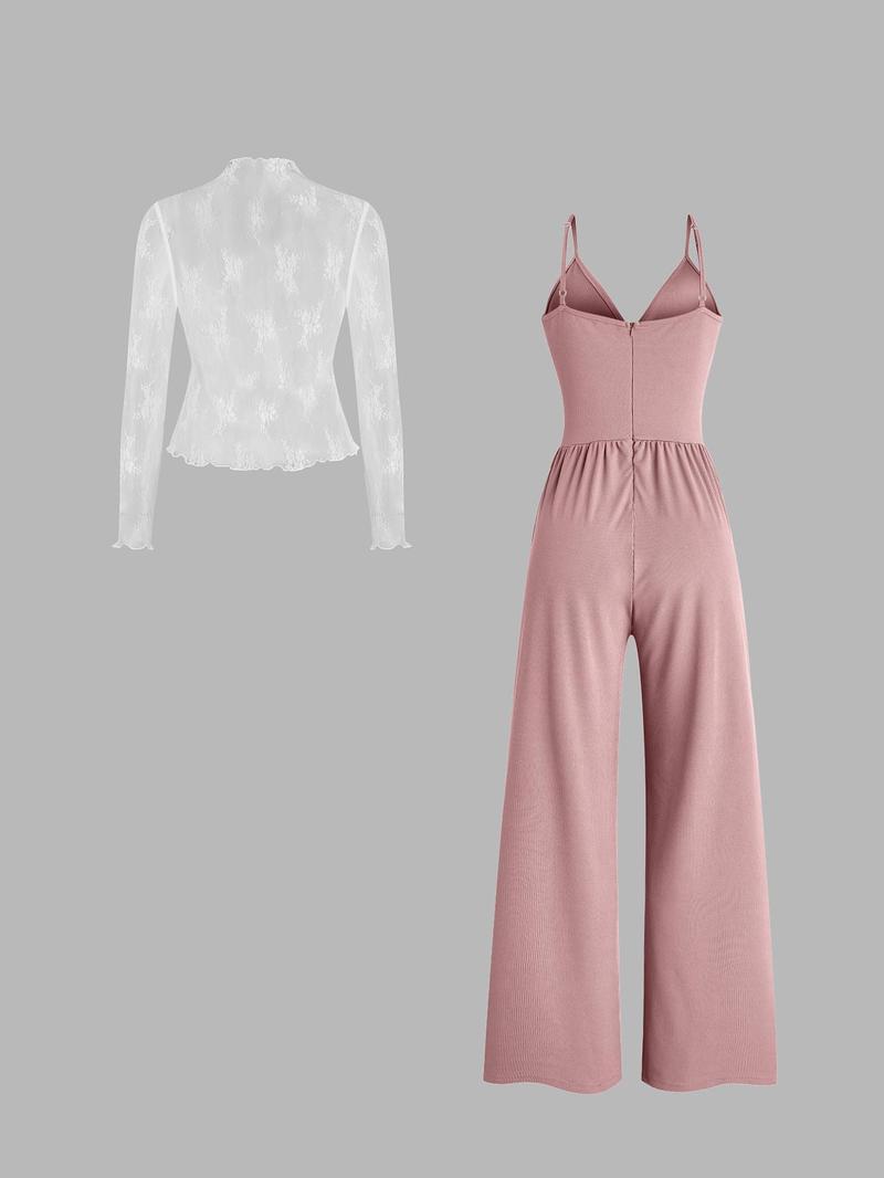Valentine's Day Two-piece Set Women's Solid Color Lettuce Trim Mock Neck Sheer Lace Top & Pocket Wide Leg Cami Jumpsuit, Elegant Fashion Casual Two Piece Outfits for Daily Outdoor Wear, Women Clothes for Spring Fall
