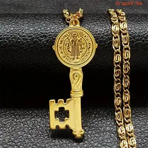 Saint Benedict Medal Key Of Life Pendant Necklace, 316L Stainless Steel Unisex Hip Hop Jewelry For Daily Matching