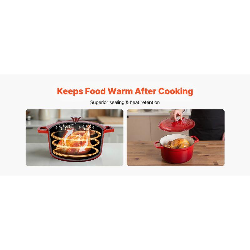 Summervibes VEVOR Enameled Cast Iron Dutch Oven, 6 Quart Pot with Lid and Dual Handles, Heavy-Duty Durable Cookware Pan, Oven Induction Compatible up to 500, for Braising, Stews, Roasting, Bread Baking, Red