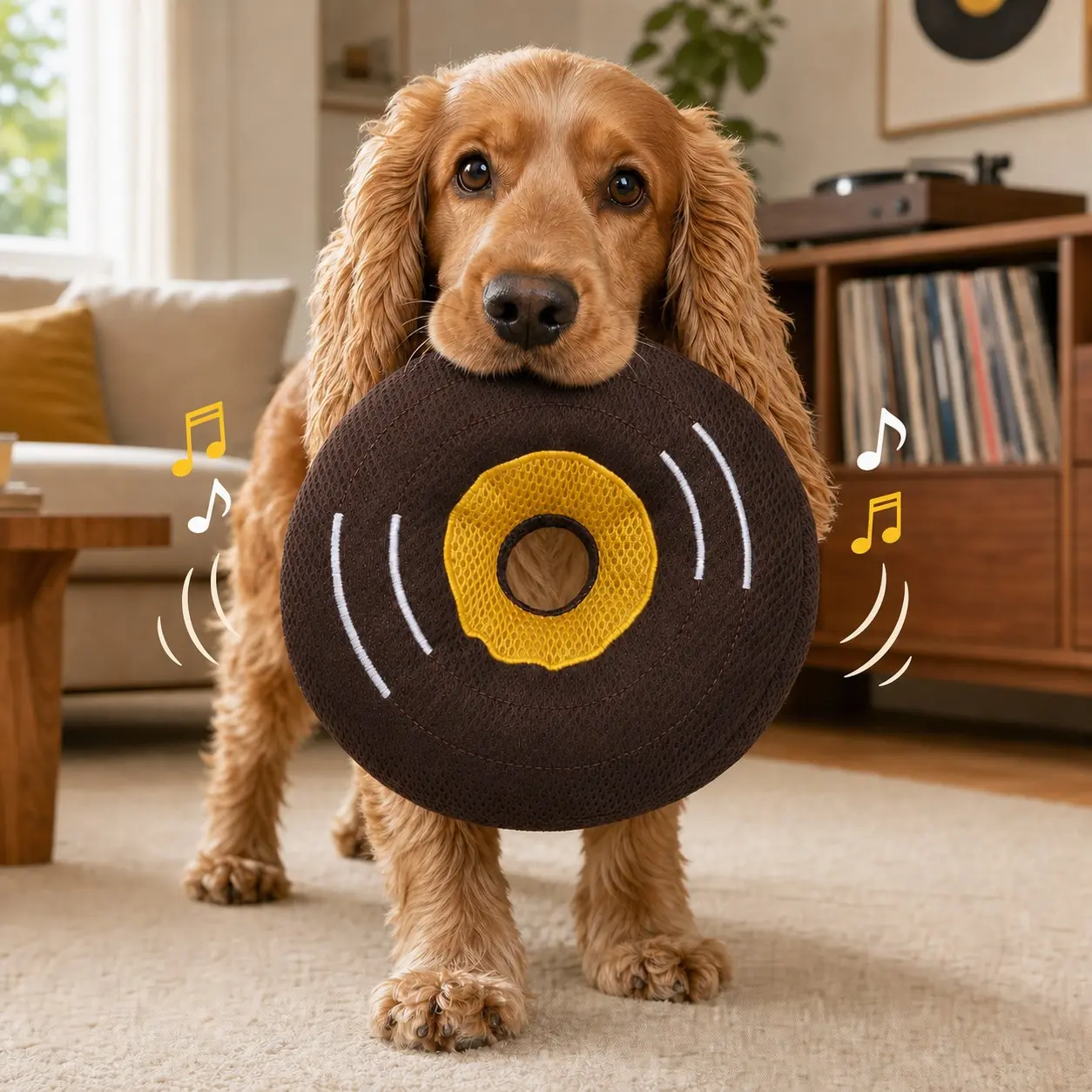 Vinyl Record Squeaky Dog Toy, 22 cm Mesh Chew Toy with 2 Built In Squeakers, Soft PP Cotton Interactive Fetch, Carry & Play Toy for Dogs
