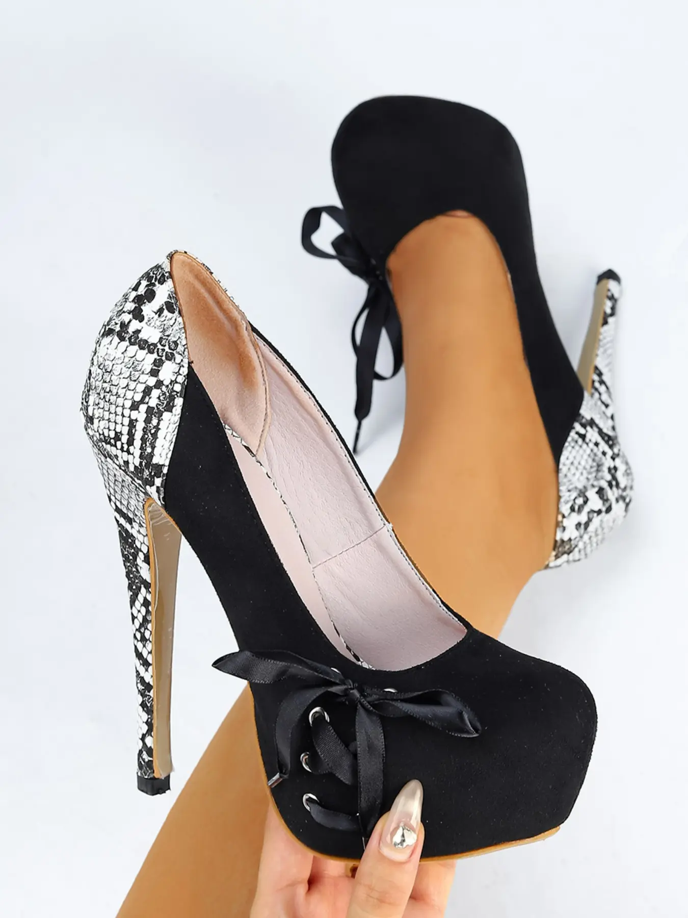 Women's High Heel Shoes, Stylish Waterproof Round Toe, Snake Print, Butterfly Knot, 14.5cm, Perfect for Nightclub, Stage, Photoshoots, Retro Style