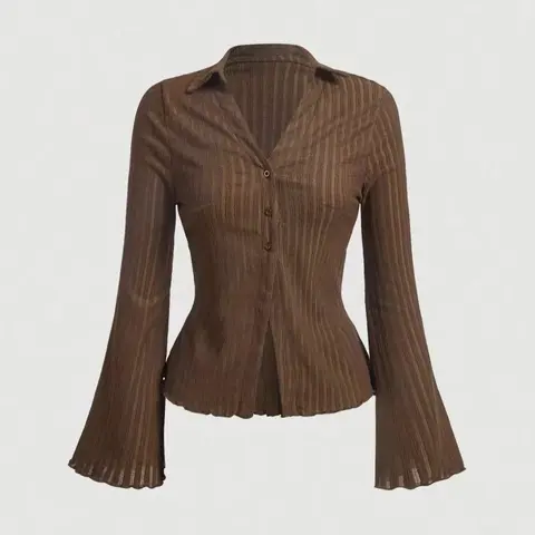 Women's Plain Woven Fabric Lettuce Trim Flounce Sleeve Button Front Blouse Shirts Button Down Shirts, Casual Chic Minimalist Everyday Long Sleeve Buttoned Collared Top for Daily Wear, Ladies Clothes for All Seasons Womenswear Soft
