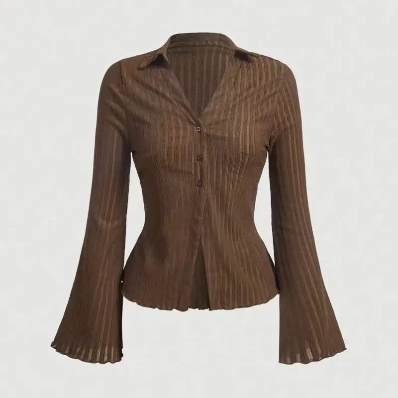 【Black Friday】Women's Plain Lettuce Trim Flounce Sleeve Button Front Blouse, Casual Chic Minimalist Long Sleeve Collared Top for Daily Wear, Woven Fabric, Ladies Clothes for All Seasons, Soft Womenswear