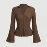 Women's Plain Woven Fabric Lettuce Trim Flounce Sleeve Button Front Blouse Shirts Button Down Shirts, Casual Chic Minimalist Everyday Long Sleeve Buttoned Collared Top for Daily Wear, Ladies Clothes for All Seasons Womenswear Soft