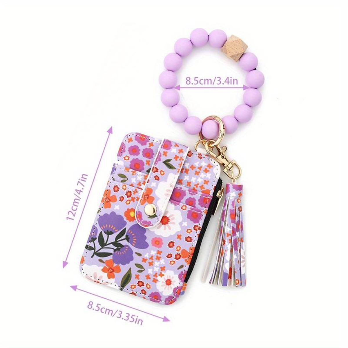 Floral PU Leather Zipper Wallet & Keychain with Silicone Bead Bracelet,Boho Style Wristlet Small Credit Card Holder Bracelet Key Chain Purse Bangle Tassel Beads for Women,  Valentine’s Day, or Everyday Use, Versatile Wallet | Chic Bracelet Wallet