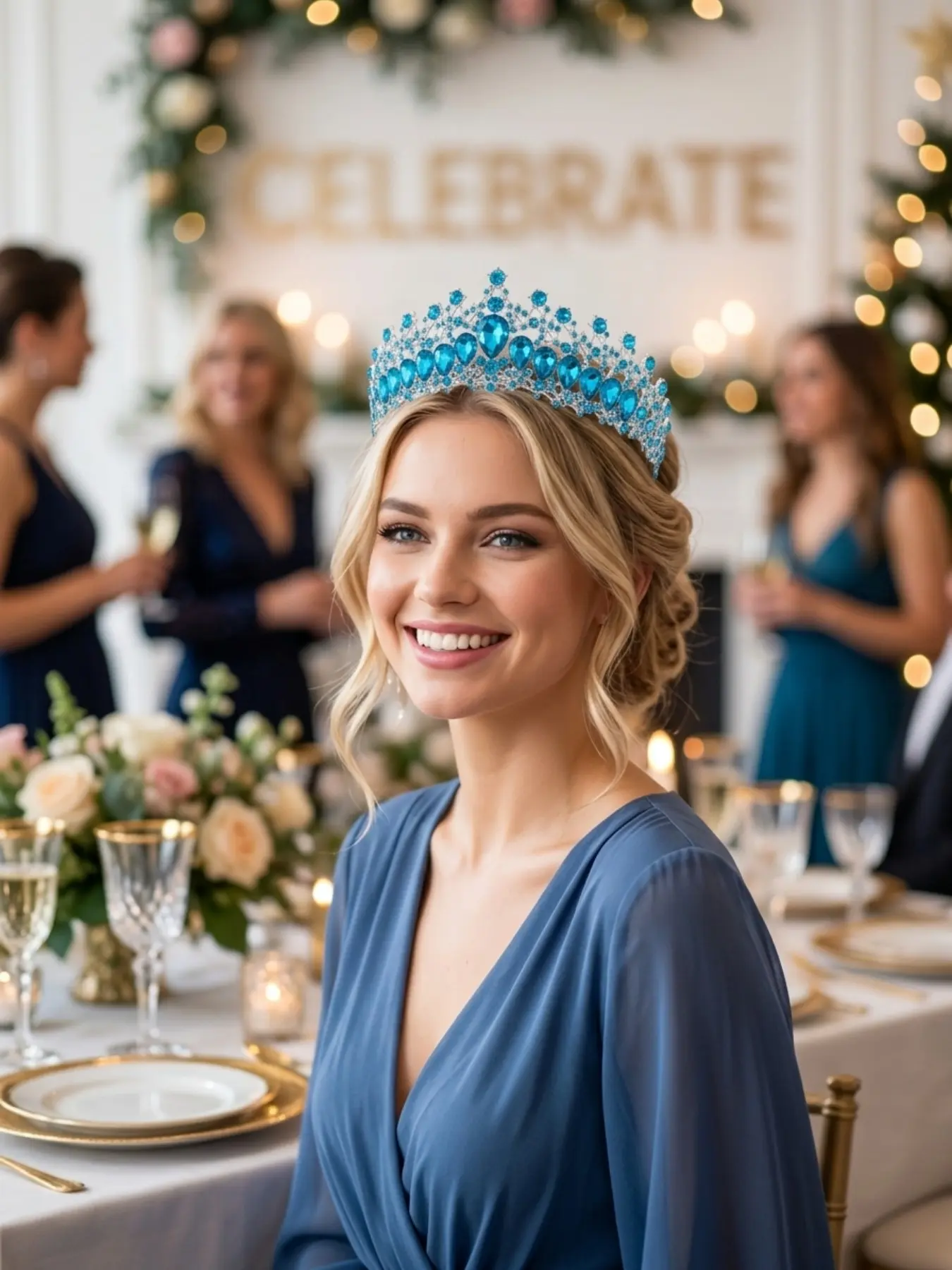 Luxurious Blue Teardrop Diamond Crown, Courtly Style Full Diamond 3D Headpiece, Secure Wedding Birthday Party Photo Accessory