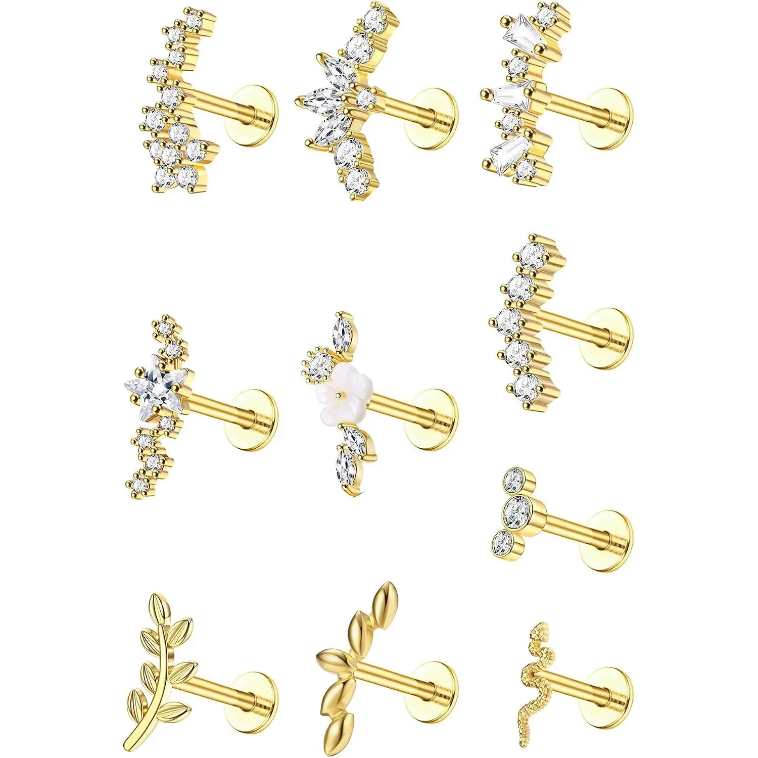 10 PCS 16G Flat Back Stud Earrings for Women, Stainless Steel Internally Threaded Cartilage Earrings, Butterfly CZ Flat Back Studs, Tragus Helix Piercing Jewelry