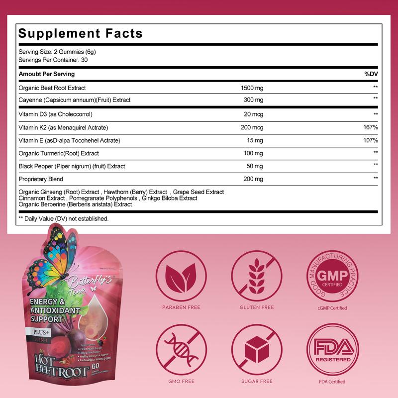 Butterfly’s Tear Hot Beetroot Gummies – Beet Root, Cayenne, Cinnamon & Ginger for Cardiovascular, Brain & Circulation Support – 60 Gummies