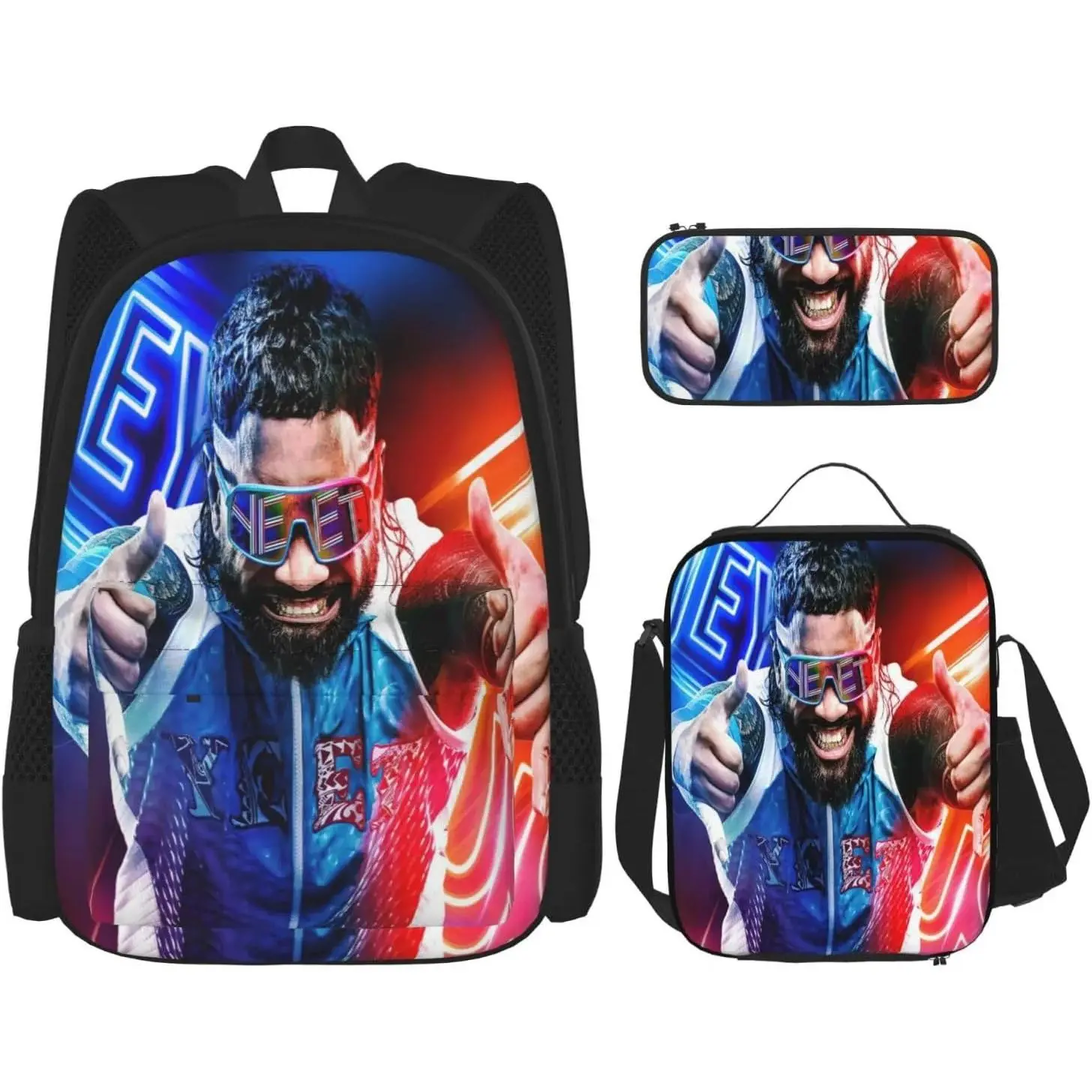Jey Uso Wrestler 3-in-1 Adjustable Harness Backpack Set, Includes Lunch Box & Pencil Pouch, Simple Laptop Backpack for Work & Sport, Travel Daypack Stationery Bag, 3 In 1 Backpacks, Adjustable Harness Backpacks