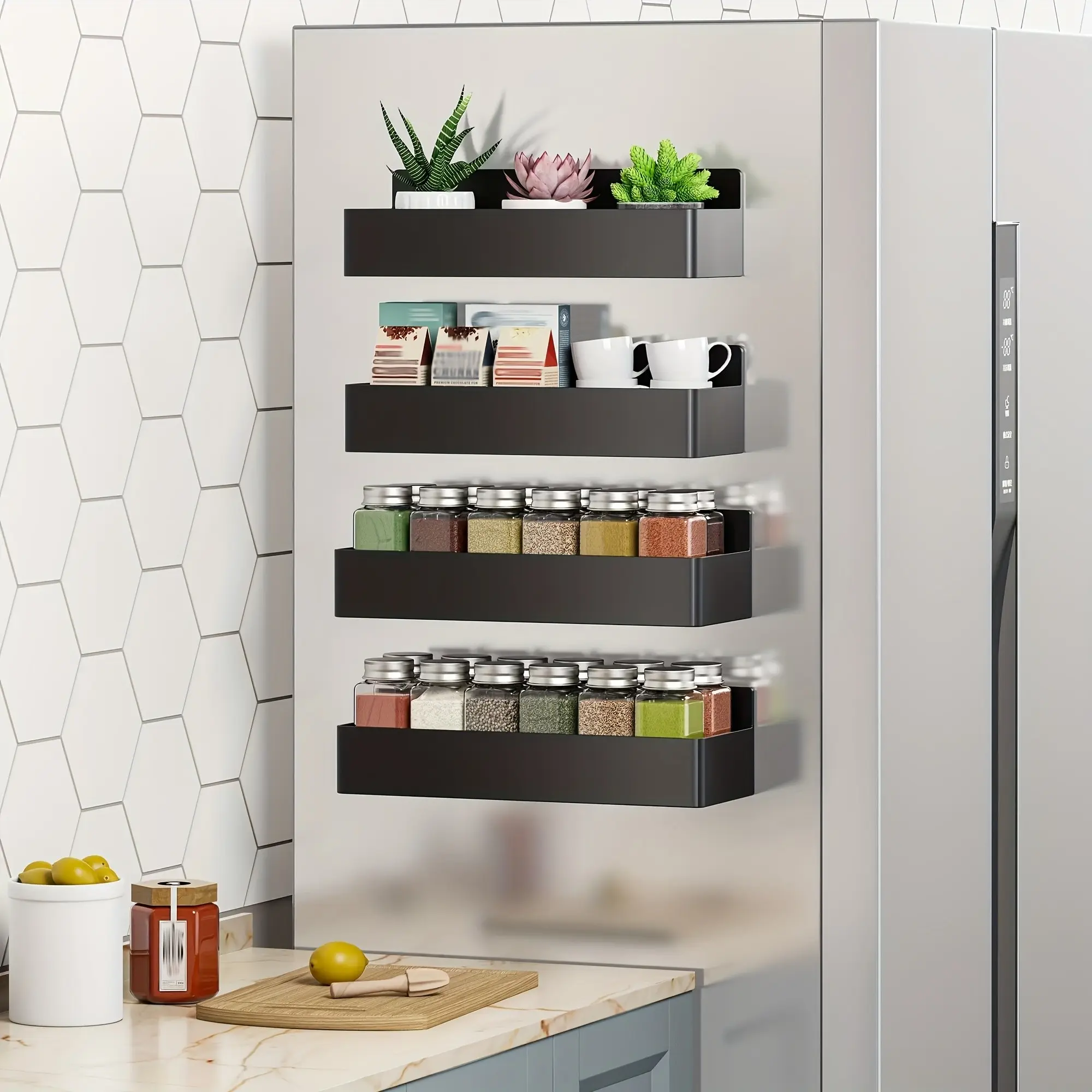 1pcs Magnetic Side Storage Rack, Punch-Free Wall-Mounted Shelf, Refrigerator Side/Washing Machine/Cabinet Multi-Scene Storage Organiser, Organizer, Kitchen Seasoning Artifact - Magnetic Anti-Slip Design, Suitable for Storing Laundry Essentials