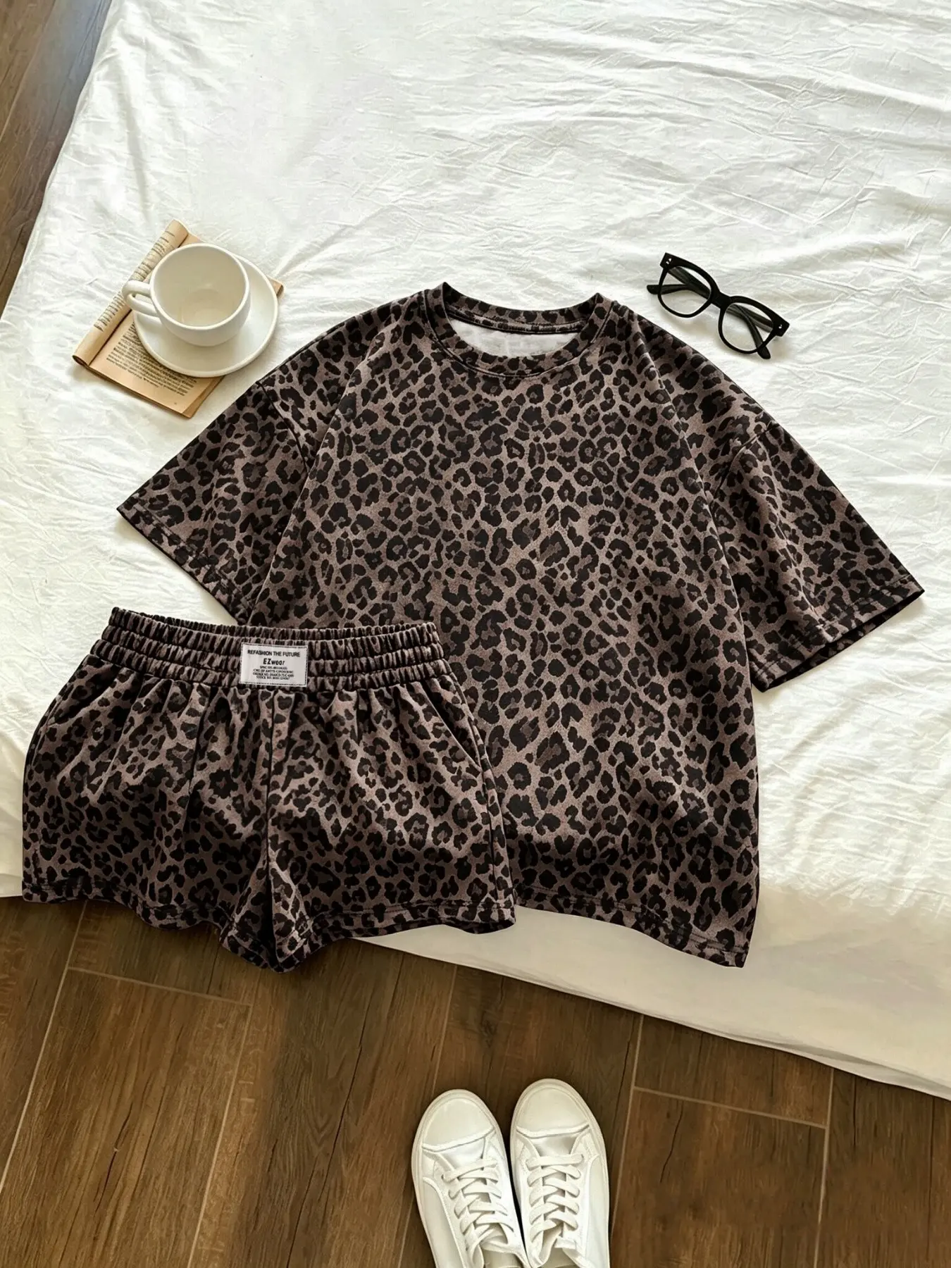 2 Pieces, Y2K American Vintage Leopard Camouflage All-Over Print Short Sleeve Shorts Knit Casual Two-Piece Set, Stylish Street Hot Girl Style Outfit, Suitable For Women's Summer Daily Home, Commute, Dating And Outings
