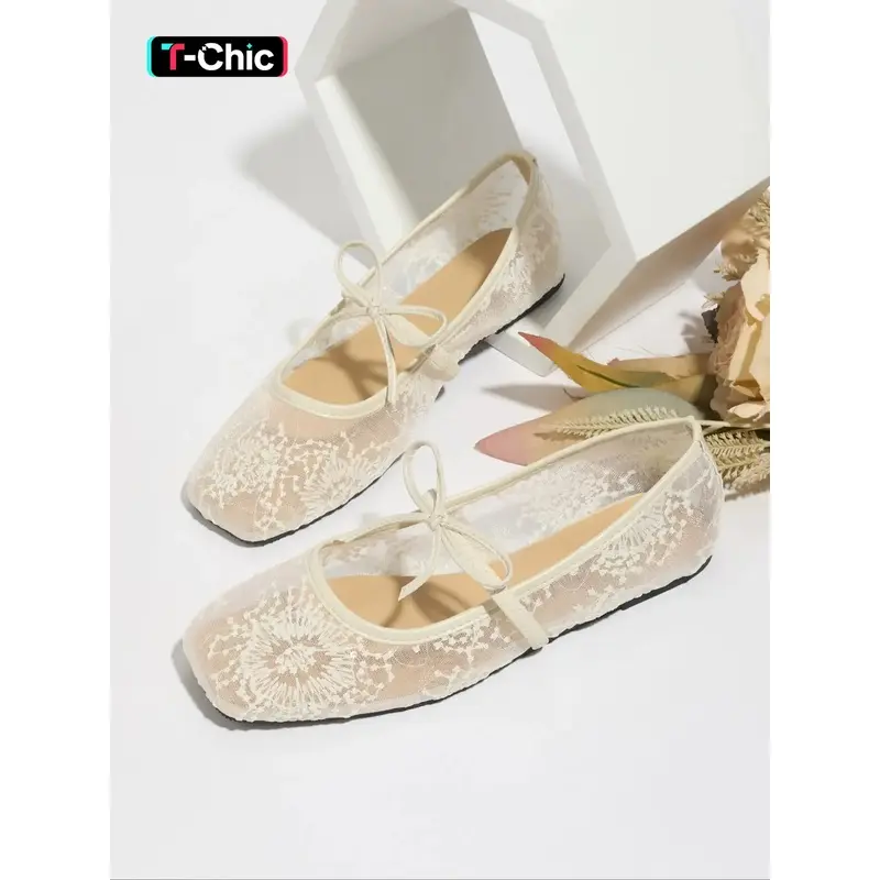 Women's Embroidered Mesh Netted Ballet Flats, Elegant Square-Toe Fashion Flat Shoes for Parties and Daily Wear, Lightweight Breathable Comfortable Footwear for Women & Girls, Ballerina Flats Shoes, Fashionable Flats