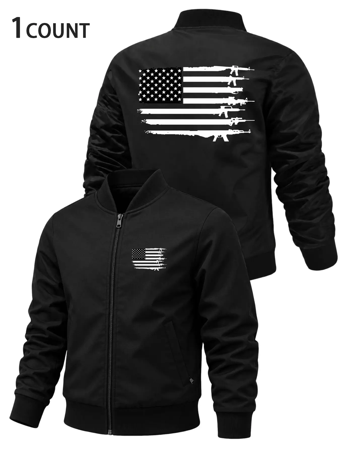 Men's Lapel Sports Casual Jacket, Fitted Design, Star Flag Pattern, Zipper Closure, Casual Outerwear, Spring & Fall, Perfect Gift