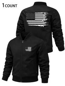Men's Lapel Sports Casual Jacket, Fitted Design, Star Flag Pattern, Zipper Closure, Casual Outerwear, Spring & Fall, Perfect Gift