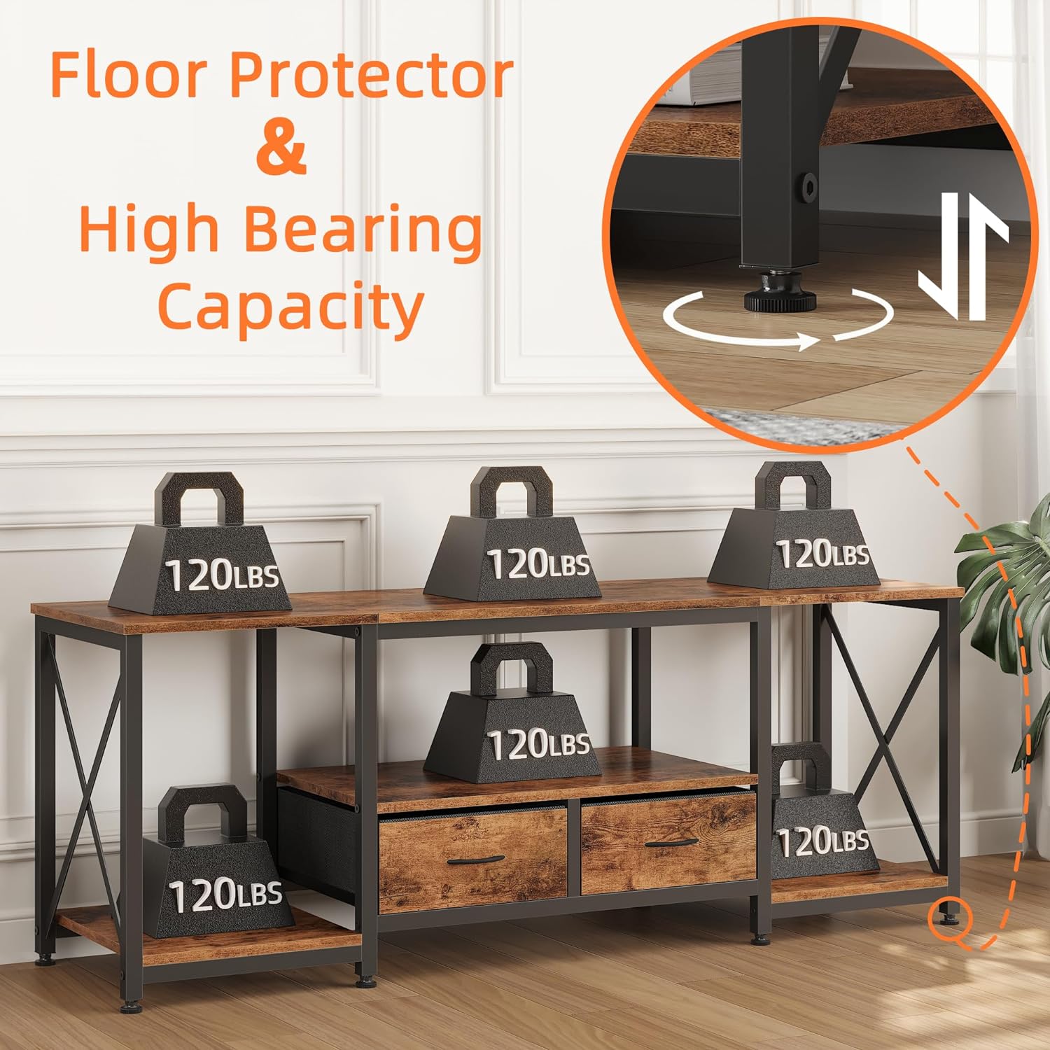 TV Stand with Fabric Drawer - Entertainment Center and Industrial TV Console Table with Open Storage Shelves for Living Room, Bedroom - 55.1" Rustic Brown