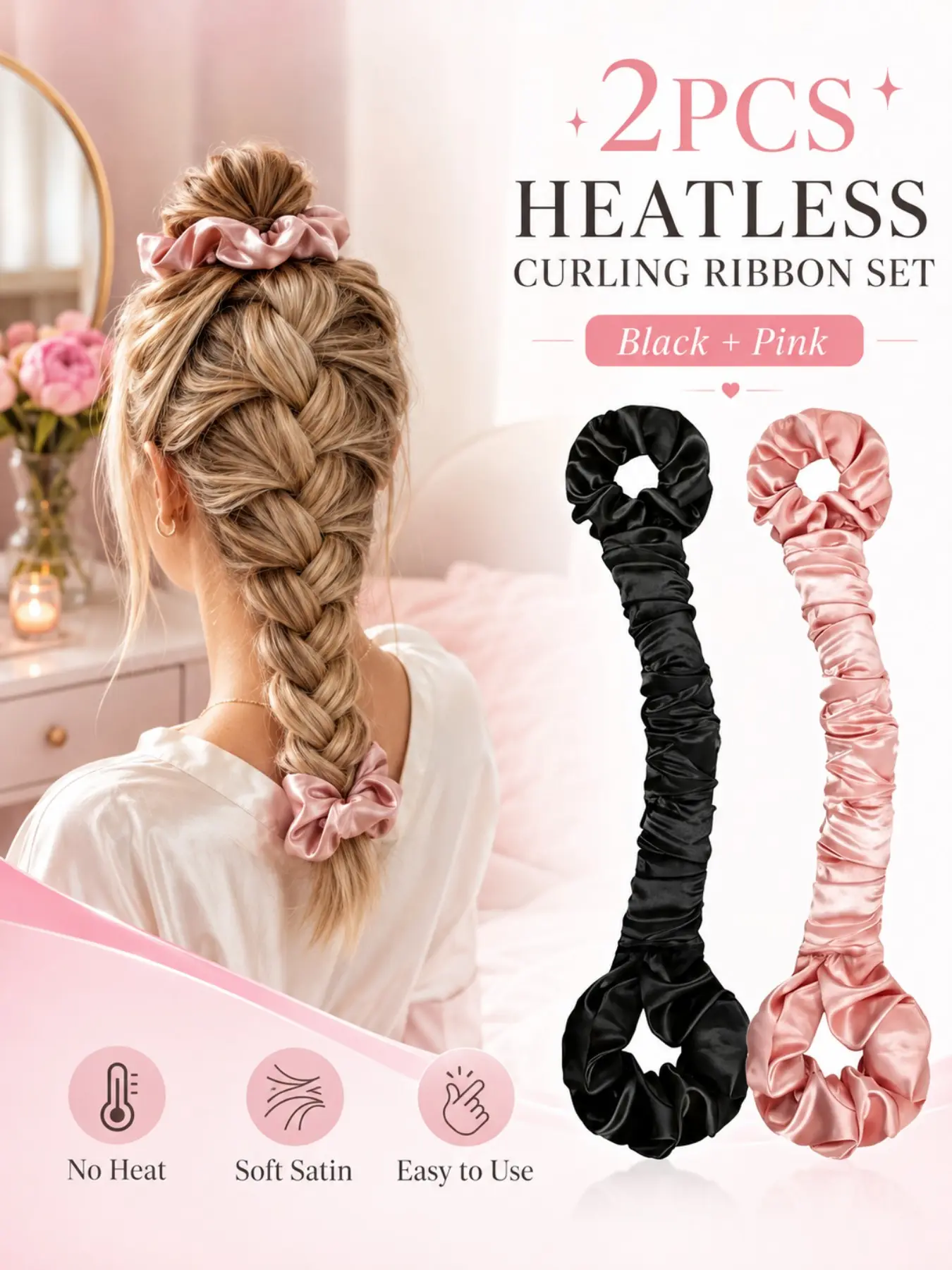 2pcs Satin Heatless Curling Set, & Hair Scrunchies, Heatless Curling Rod, Styling Tool for Overnight Bouncy Big Wave Hairstyle