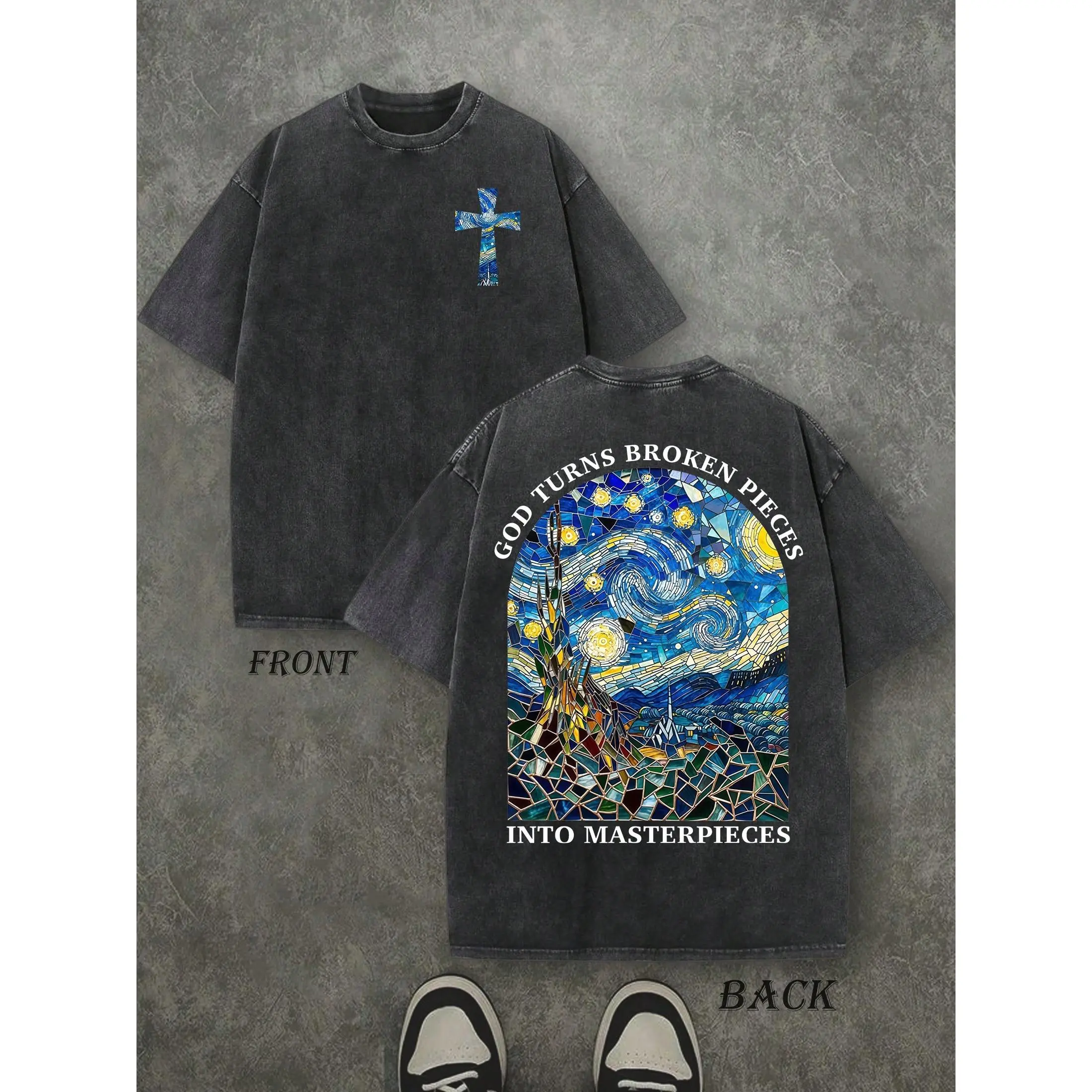 Vintage Wash God Turns Broken Pieces Graphic Tee Acid Wash Aesthetic Heavyweight Premium Cotton Tshirt Double Sided Print Christian Faith Slogan Letter T Shirt Women Short Sleeve Crewneck Top Best Gift Men Loose Casual Top Oversized Trendy
