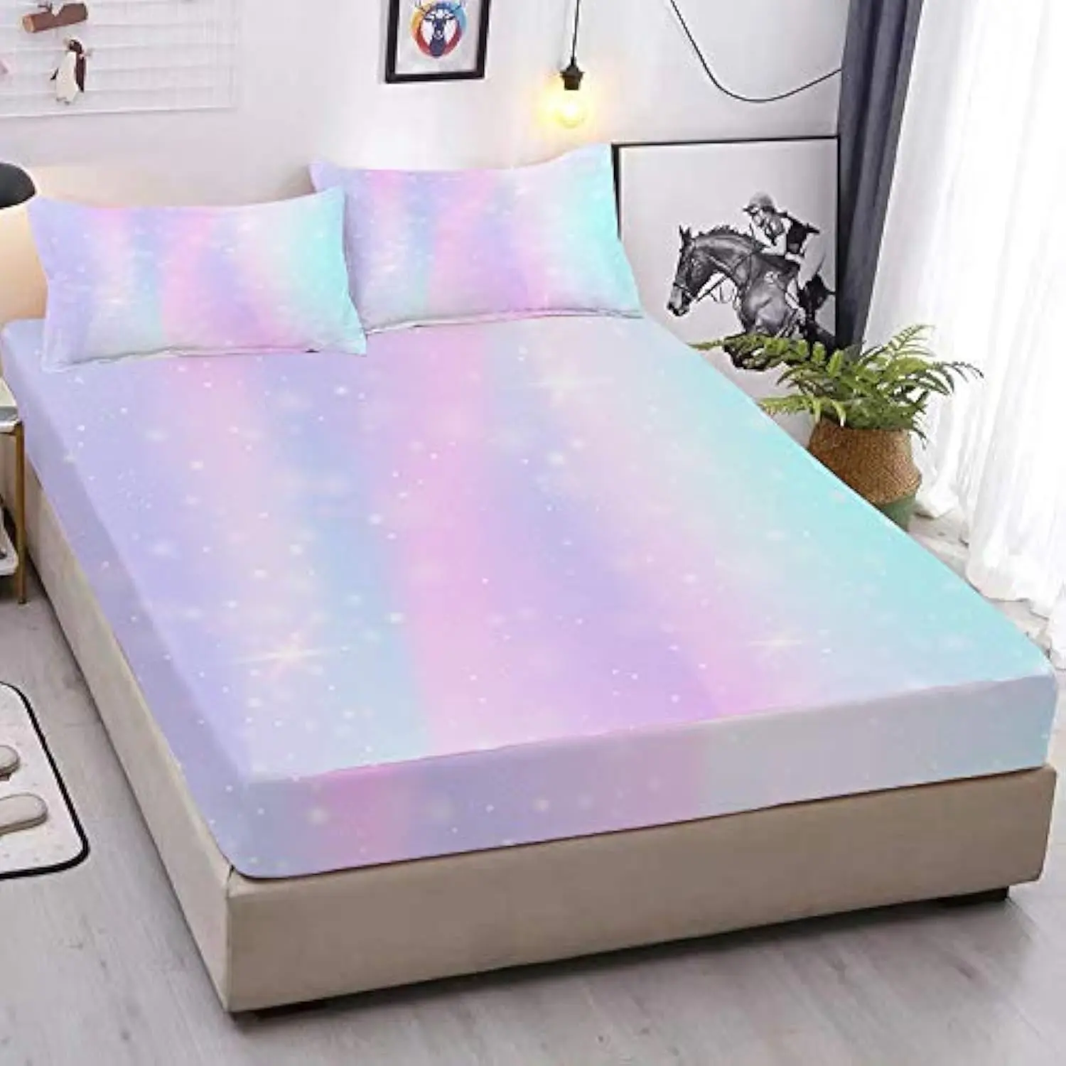 Colorful Girls Fitted Sheet Set Rainbow Sheets, 3D Rainbow Twin Bedding Set Girl Bed Sheets 2PCS Boho 1 Fitted Sheet with 2 Pillowcases Wrinkle Free Cozy Microfiber for Girls(Full)