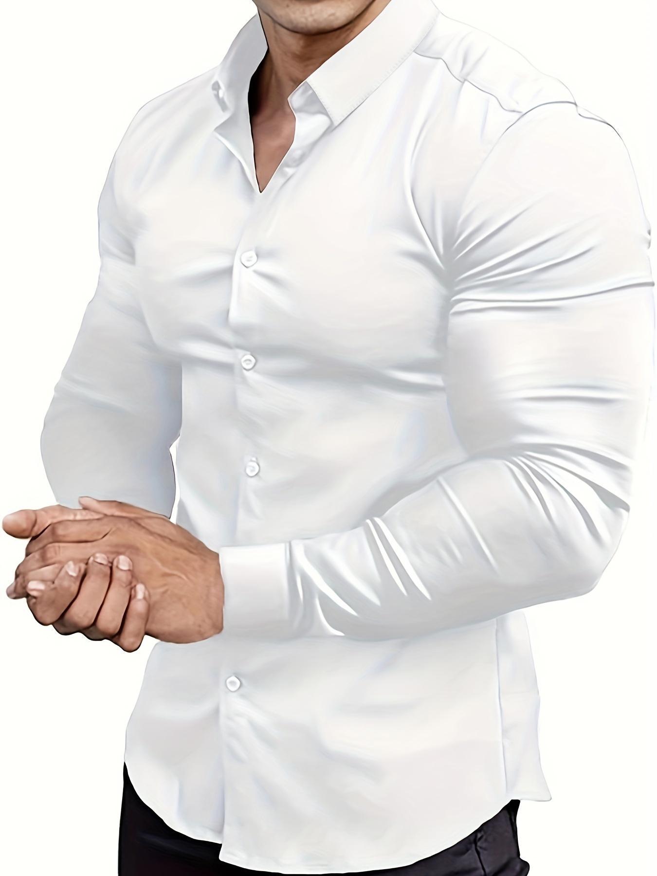 Men's Solid Button Front Shirt, Casual Fitted Shirt, Classic Casual Fashion Long Sleeve Collared Top for Daily Wear, Men's Clothes for All Seasons, Men's Clothing, Longsleeves, Fashionable Shirts