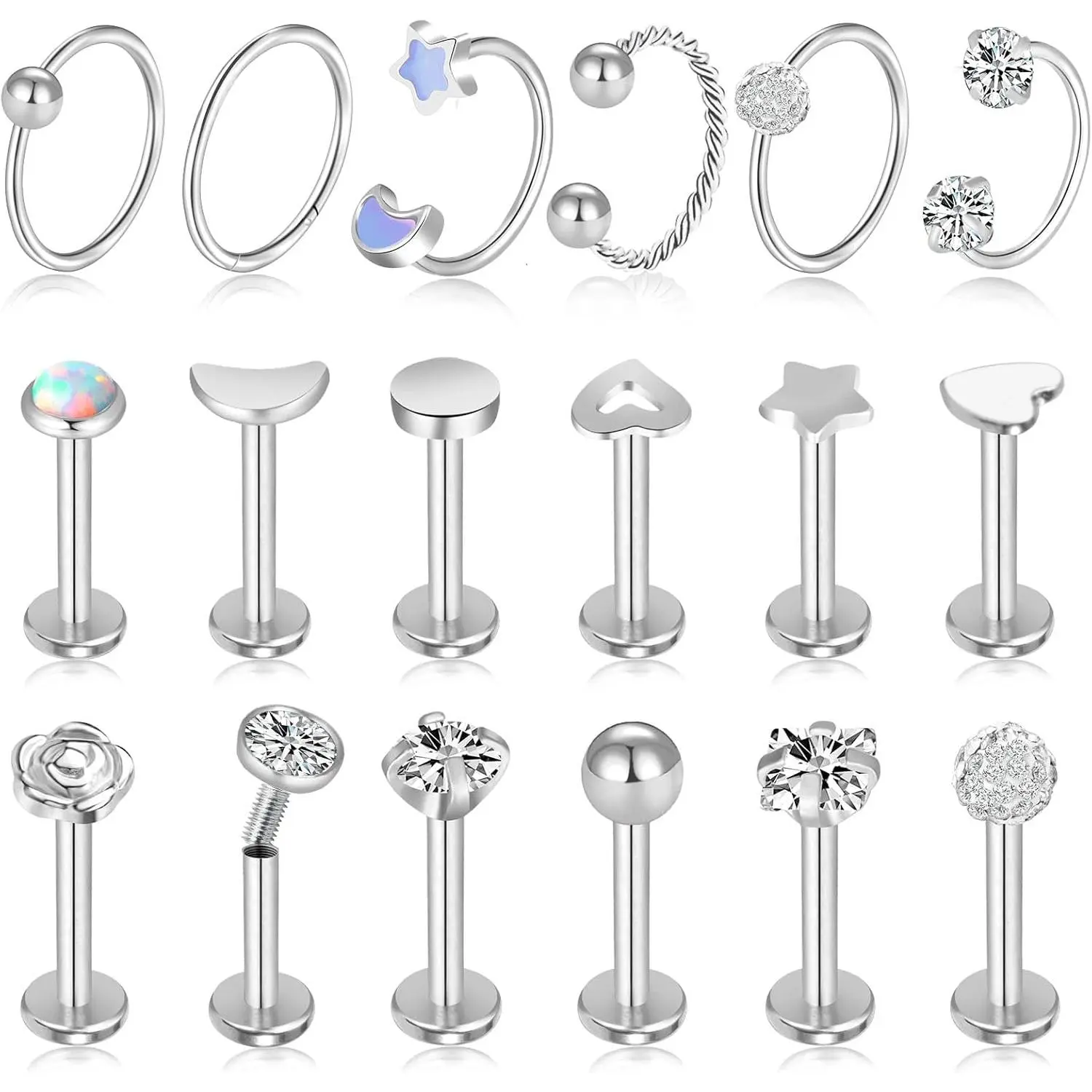 Metallic Tragus Piercing Jewelry Set - 12-25 Pcs 16G Cartilage Studs, Labret Earrings for Women, No Excessive Decor, Daily & Everyday Wear, Cartilage Earrings, Labret Stud Tragus Piercing, Silver, Women's Fashion, Accessories For Women