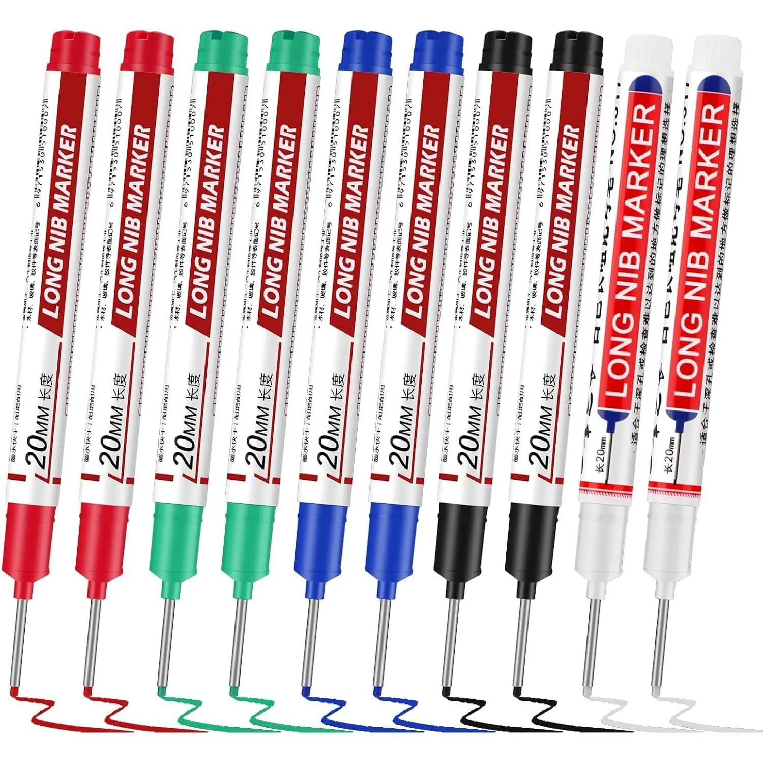 Deep Hole Markers Fine Tip Line Long Nib Set, 10-Pack, 20mm Nib, Quick-Dry Ink, PP Body, Multi-Surface Writing Tool for Metal, Glass, Plastic, Concrete (Office Stationery)